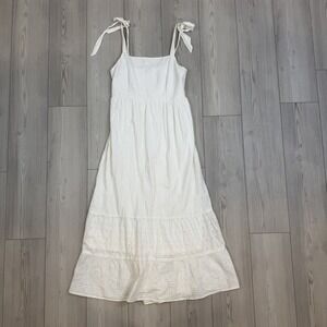 American Eagle Women's Large White Peasant Dress Maxi Tie Straps Stretch French